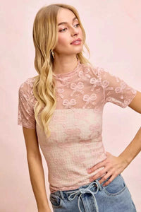 BiBi High Neckline Short Sleeves Bow Pattern Mesh Top 100100195641471 30 Affordable Fashion Under $100 Jerry's Apparel 