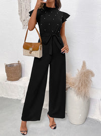Pearl Detail Ruffled Cap Sleeve Jumpsuit