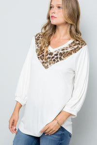 Full Size Leopard Contrast Balloon Sleeve Top