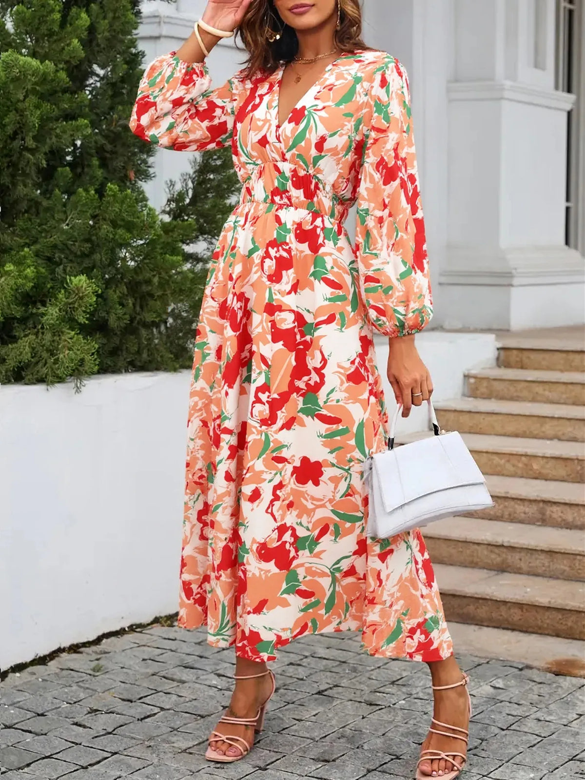 Floral Long Sleeve Wrap Midi Dress