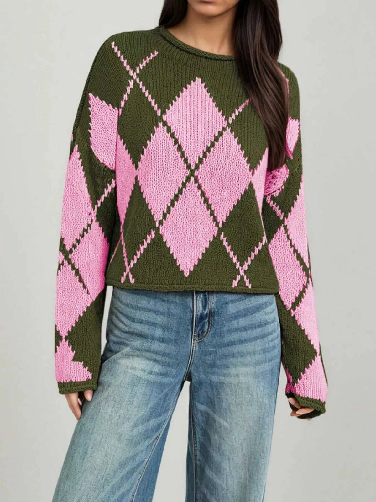Argyle Pattern Knit Dropped Shoulder Sweater 100100844660276 45 Affordable Fashion Under $100 Jerry's Apparel 