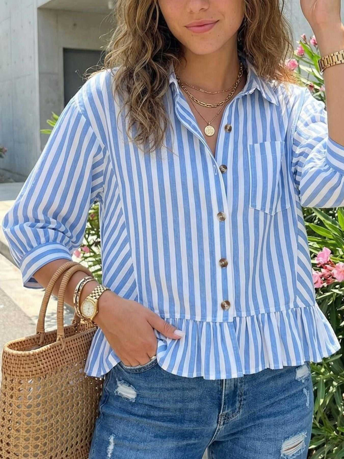 Striped Ruffle Hem Button-Down Shirt 100100634757459 44 Affordable Fashion Under $100 Jerry's Apparel 