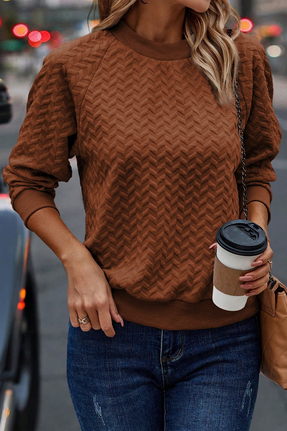 Round Neck Long Sleeve Texture Sweatshirt