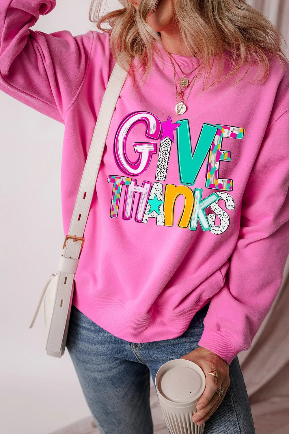 GIVE THANKS Round Neck Long Sleeve Sweatshirt