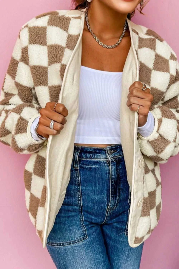 Checkered Sherpa Oversized Button Up Jacket 100100355171838 60 Affordable Fashion Under $100 Jerry's Apparel 