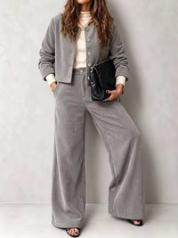 Full Size Corduroy Button-Down Jacket and Wide-Leg Pants Two-Piece Set Plus Size 101001217256067 73 Women's Pants Set Gifts for Her Jerry's Apparel 
