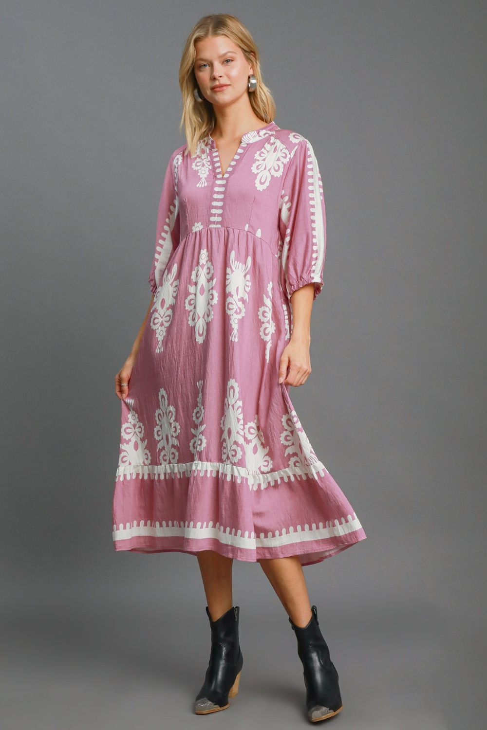 Umgee Printed Notched Midi Dress