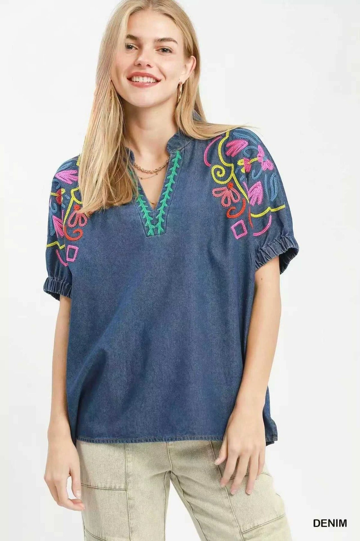 Umgee Embroidered Denim Puff Sleeve Top 100100310881935 60 Affordable Fashion Under $100 Jerry's Apparel 