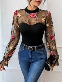 Floral Embroidered Mesh Long Sleeve Bodysuit 100100221400313 35 Affordable Fashion Under $100 Jerry's Apparel 