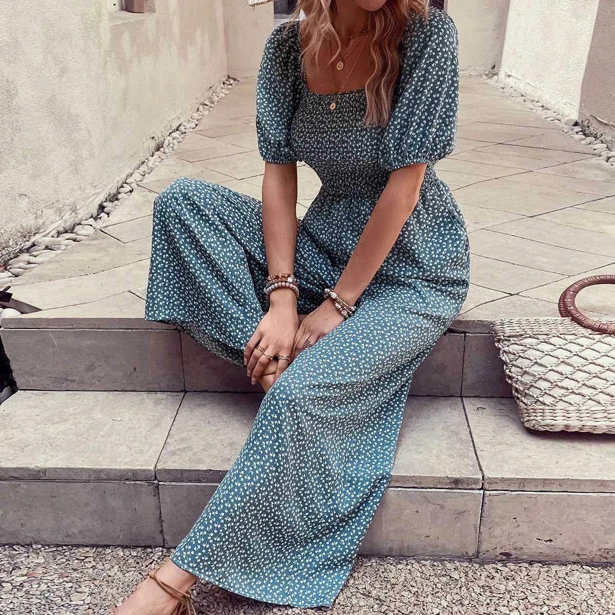 Printed Square Neck Puff Sleeve Jumpsuit 100100619721006 31 Affordable Fashion Under $100 Jerry's Apparel 