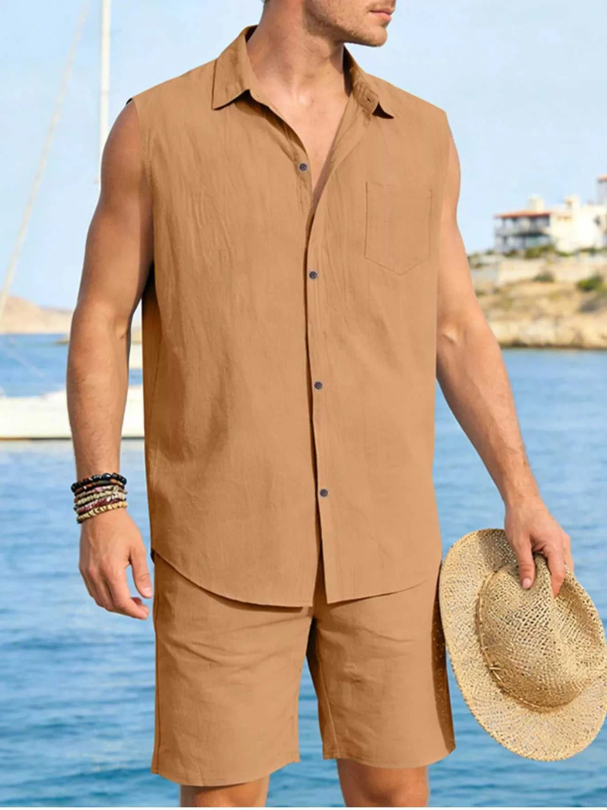 Men's Full Size Button Up Sleeveless Top and Shorts Plus Size 100400363418053 40 Men's Sets Jerry's Apparel 