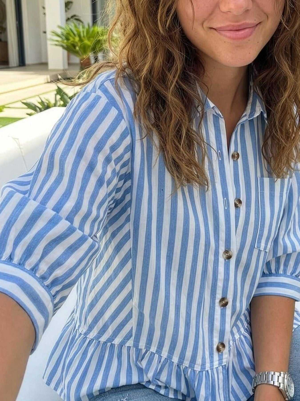 Striped Ruffle Hem Button-Down Shirt 100100634757459 44 Affordable Fashion Under $100 Jerry's Apparel 