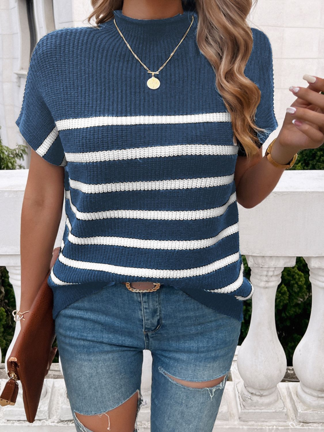 Devine Striped Mock Neck Short Sleeve Sweater