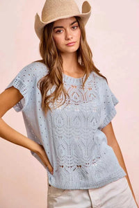 BiBi Washed Eyelet Short Sleeve Breathable Knit Top 100100212911752 43 Affordable Fashion Under $100 Jerry's Apparel 