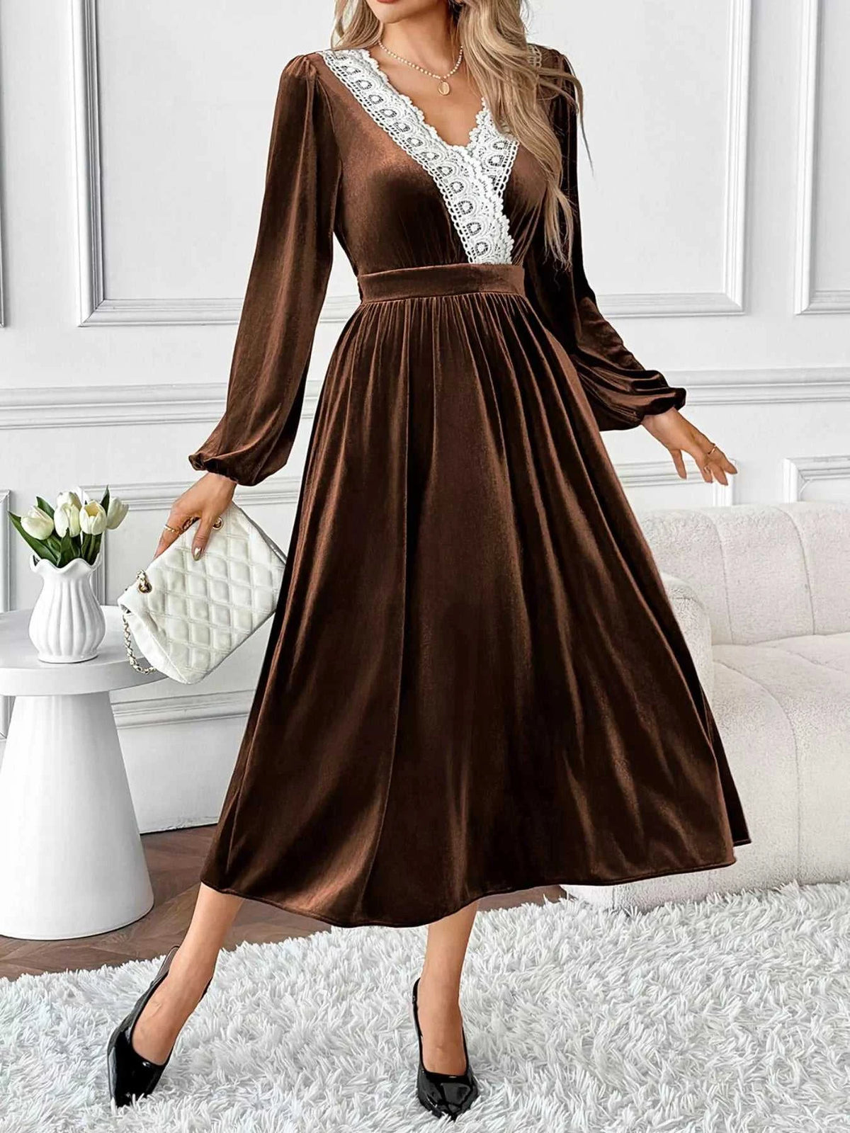 Velvet A-Line Dress with Lace Trim 100100822255548 50 Affordable Fashion Under $100 Jerry's Apparel 