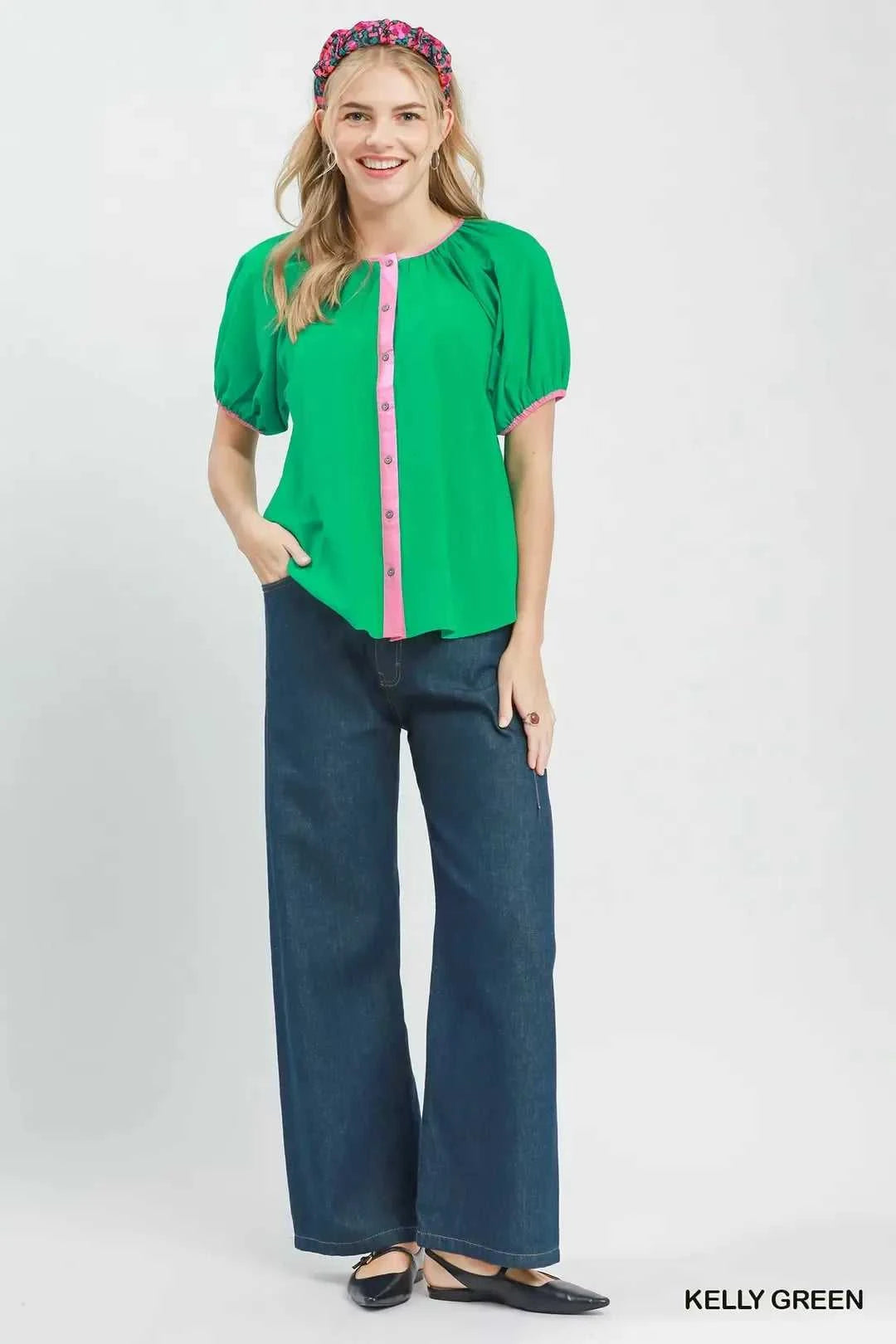 Umgee Contrast Trim Button Front Puff Sleeve Blouse 100100932681970 47 Affordable Fashion Under $100 Jerry's Apparel 