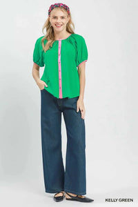 Umgee Contrast Trim Button Front Puff Sleeve Blouse 100100932681970 47 Affordable Fashion Under $100 Jerry's Apparel 