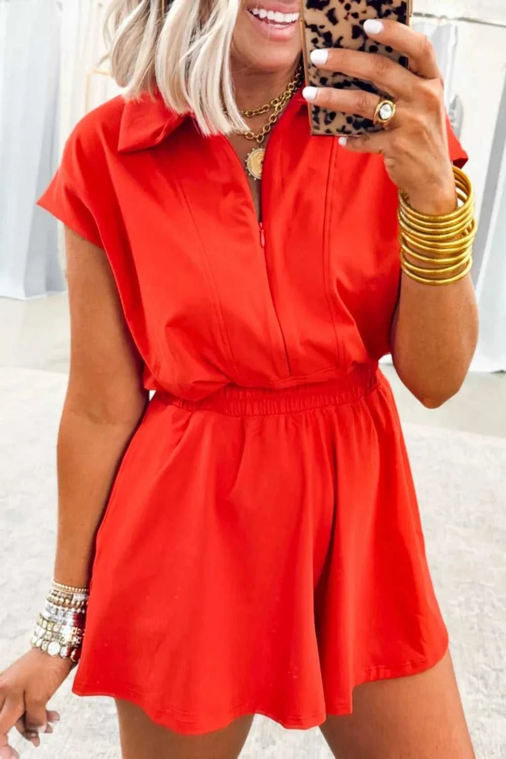 Half Zip Polo Tee Elastic Waist Romper 100100202140560 53 Women's Romper Affordable Fashion Under $100 Jerry's Apparel 