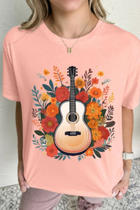 Guitar Flower Print Crew Neck Loose T Shirt