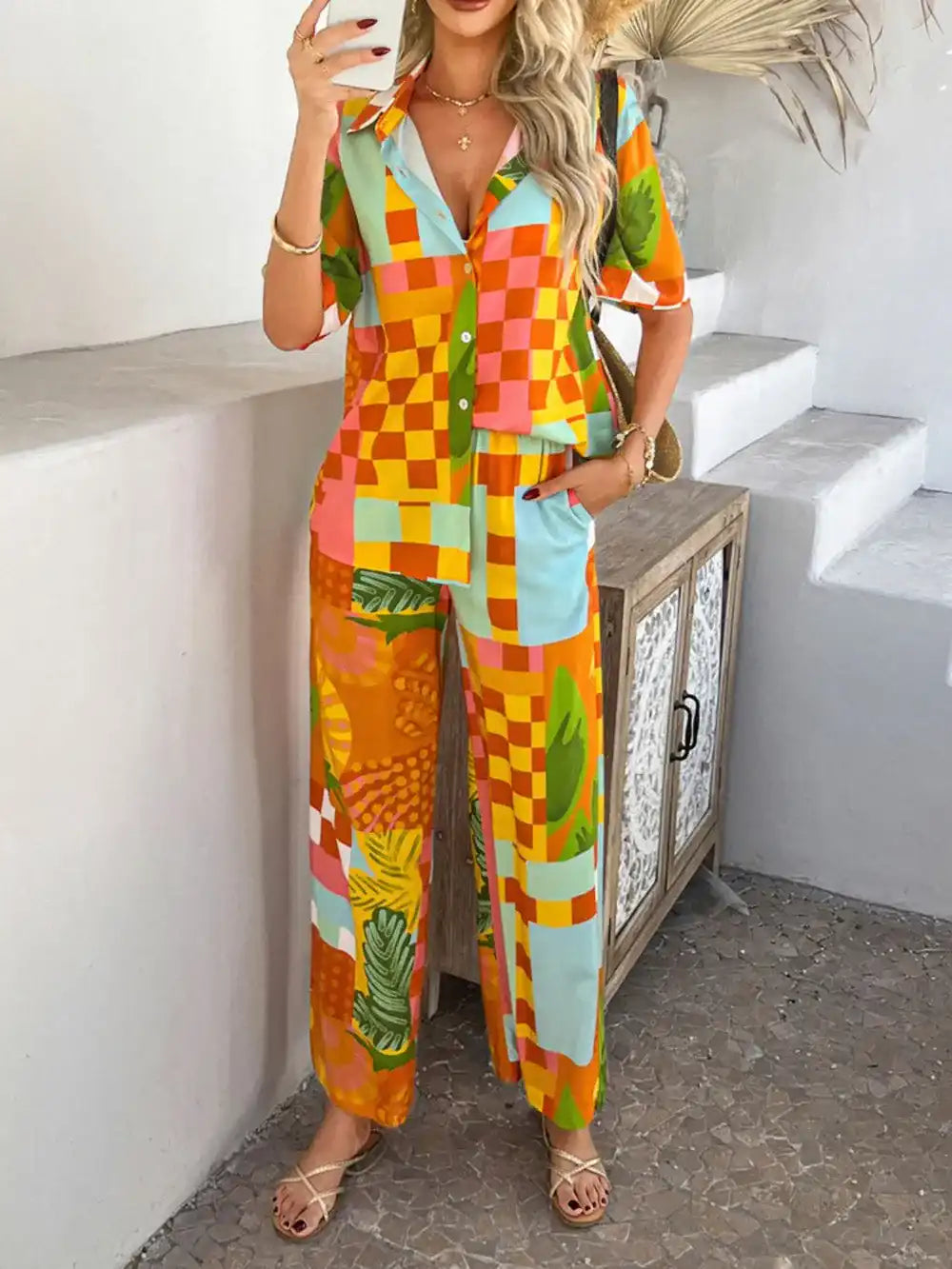 Devine Printed Button Down Shirt and Pants Set 100100774461792 54 Gifts for Her Jerry's Apparel 