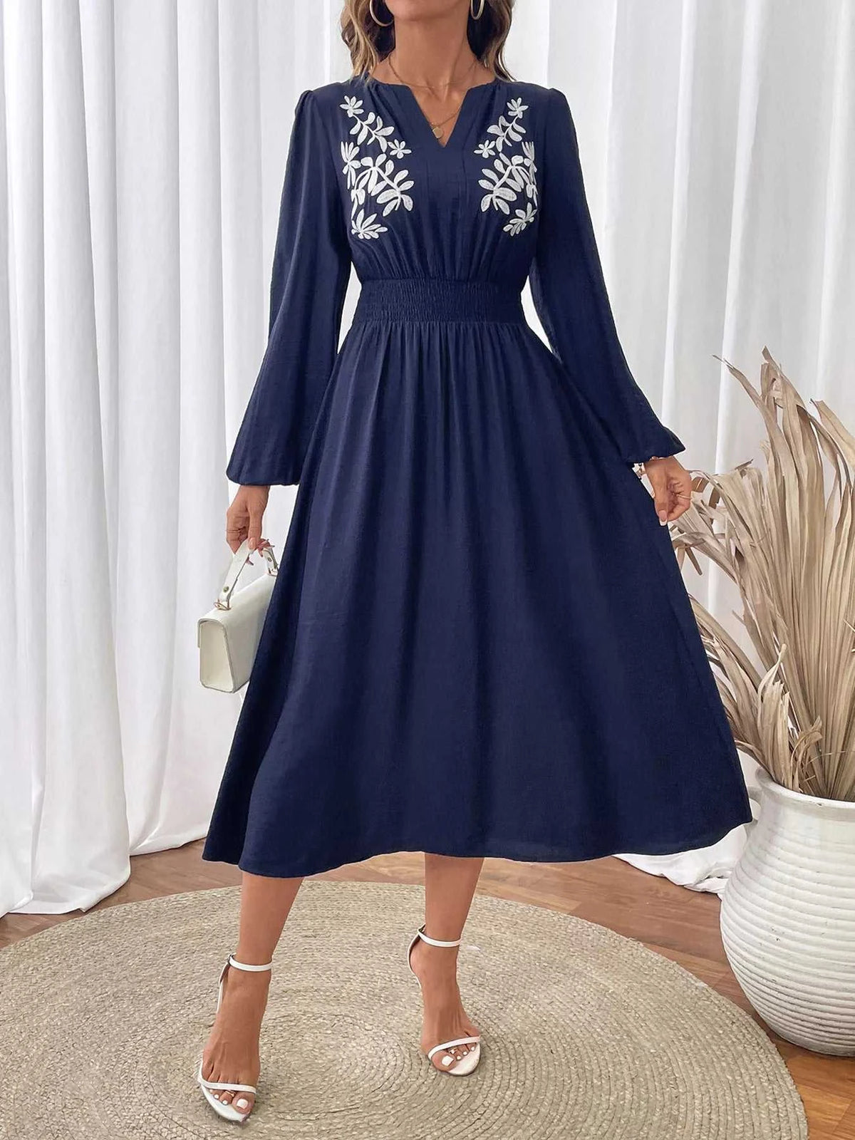 Embroidered Notched Long Sleeve Midi Dress 100100959360037 45 Affordable Fashion Under $100 Jerry's Apparel 