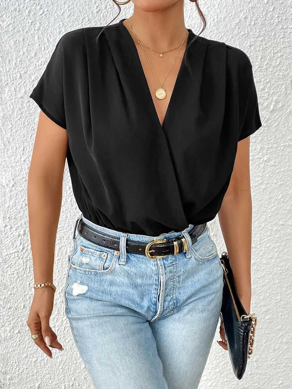 Perfee Surplice Short Sleeve Ruched Bodysuit 100100315761284 27 Affordable Fashion Under $100 Jerry's Apparel 