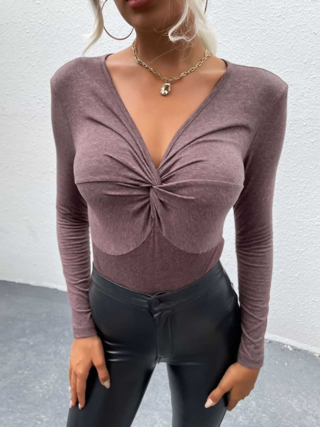 Perfee Twist Front V-Neck Long Sleeve Bodysuit 100100518093709 29 Affordable Fashion Under $100 Jerry's Apparel 