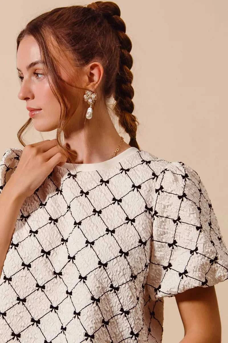 SO ME Bow Texture Woven Bubble Sleeve Top 100100611111697 44 Affordable Fashion Under $100 Jerry's Apparel 