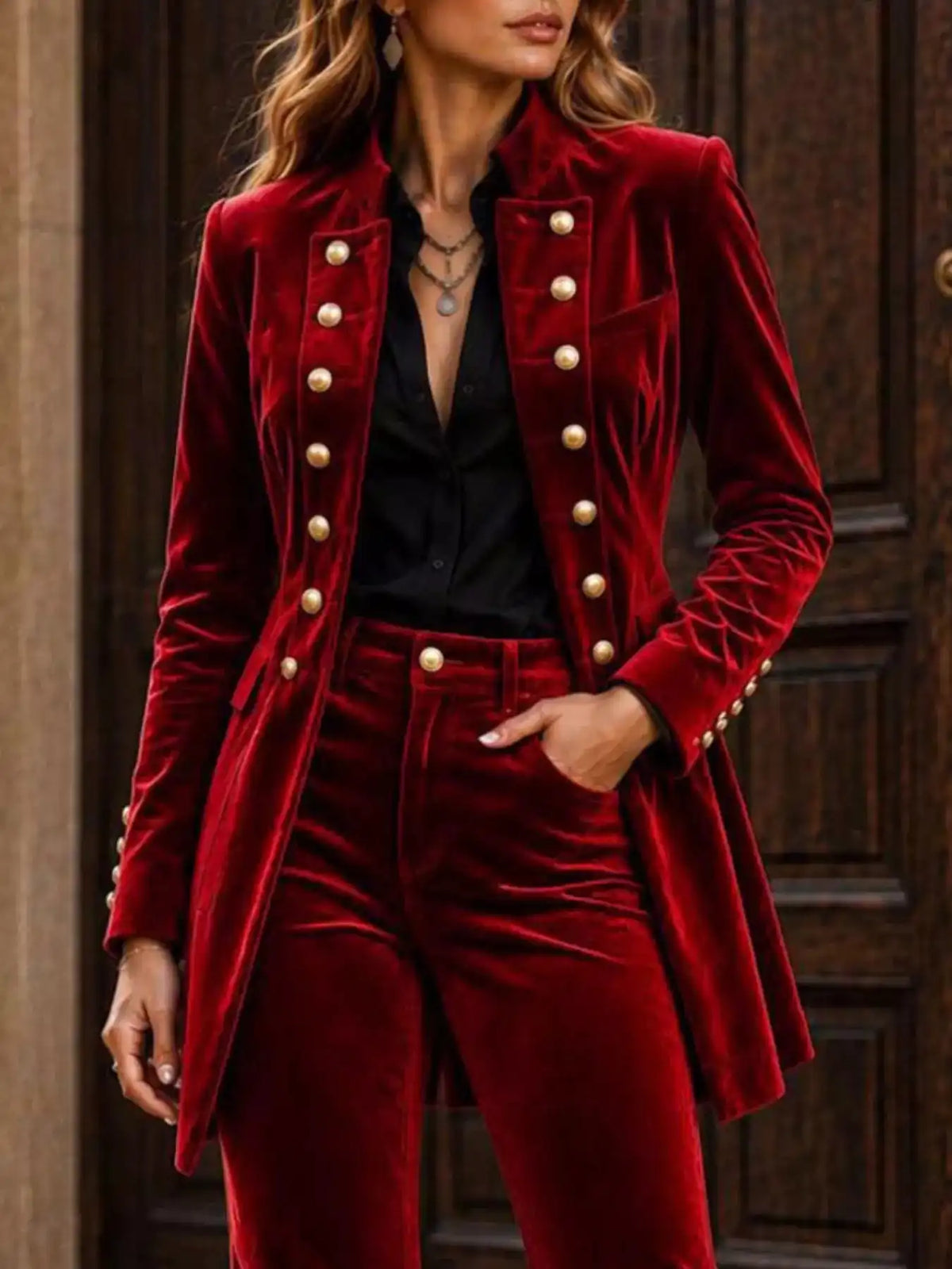 Velvet Double-Breasted Blazer and Flare Pants Set 101001710079074 99 Affordable Fashion Under $100 Jerry's Apparel 