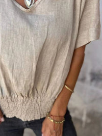 Full Size Smocked Hem V-Neck Relaxed Fit T-Shirt Plus Size