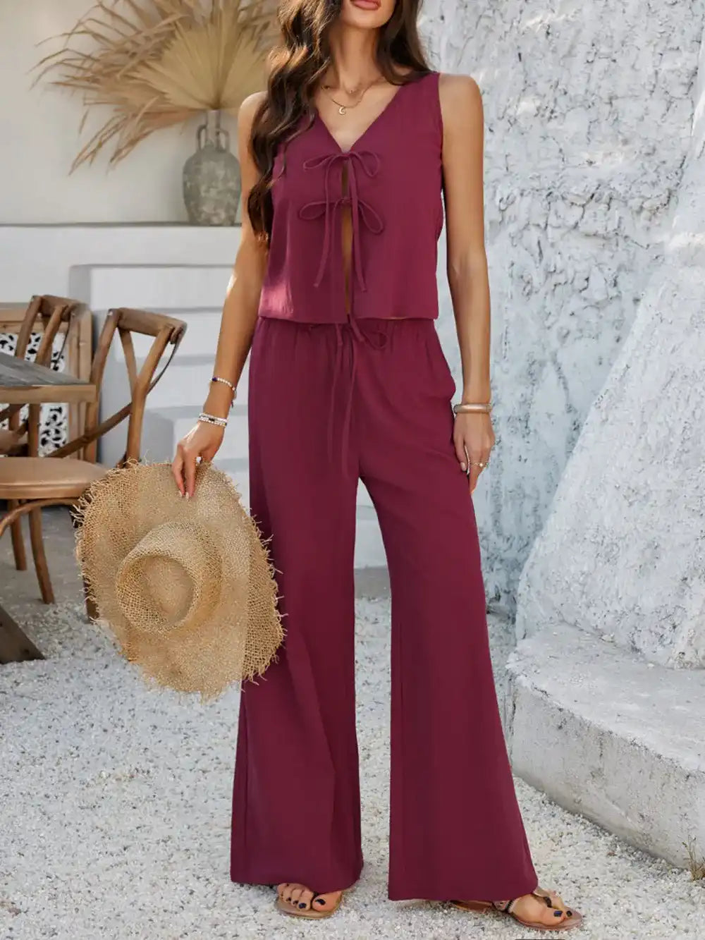Devine Tied V-Neck Sleeveless Top and Pants Set 100100787639337 58 Gifts for Her Jerry's Apparel 
