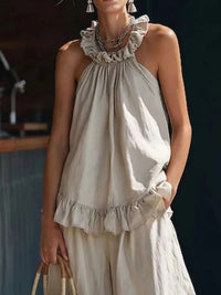 Full Size Ruffled Halter Neck Top and Wide-Leg Pants Set Plus Size 100100136728572 49 Affordable Fashion Under $100 Jerry's Apparel 
