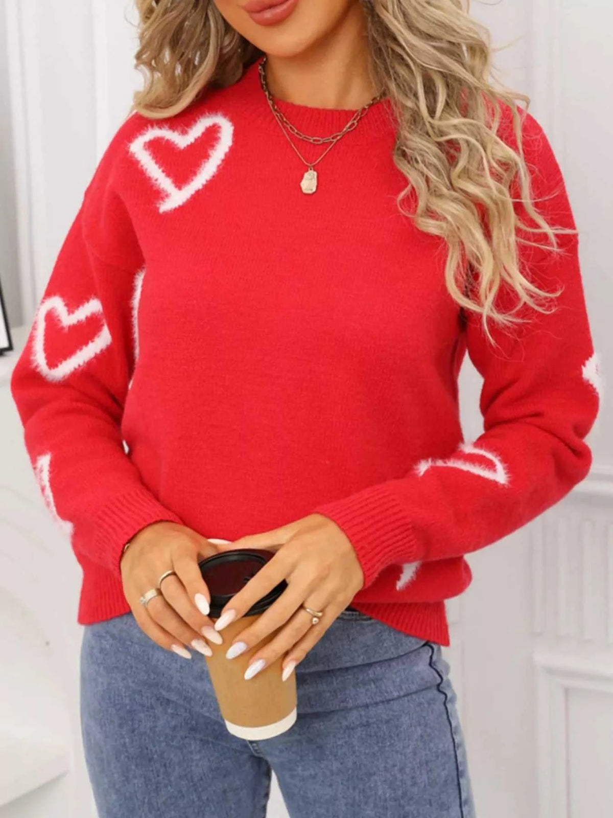 Valentine's Day Heart Print Crew Neck Sweater 100100466321617 50 Gifts for Her Jerry's Apparel 