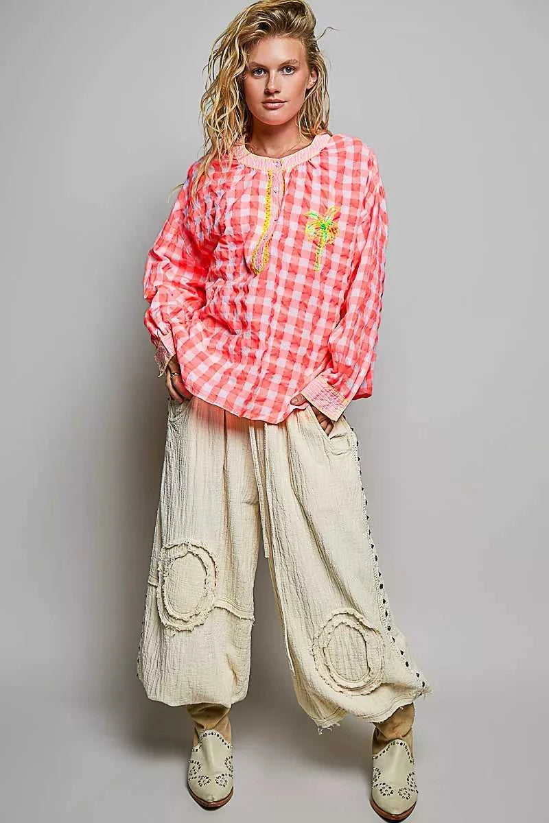 POL Gingham Embroidered Palm Tree Blouse 100100495991643 50 Affordable Fashion Under $100 Jerry's Apparel 