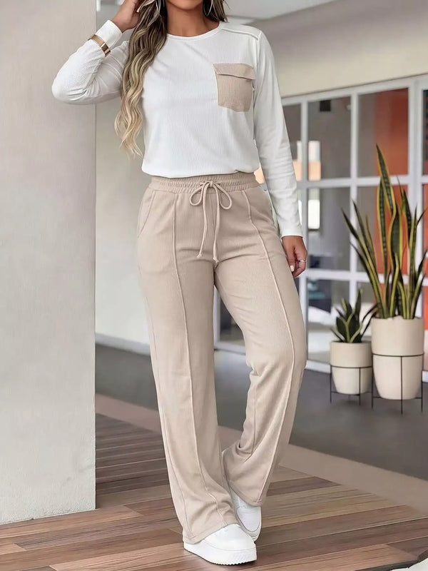 Long Sleeve Pocket Top and Wide-Leg Drawstring Pants Set 101001460183522 63 Affordable Fashion Under $100 Jerry's Apparel 
