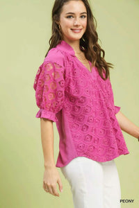 Umgee Linen V-Neck Lace Puff Sleeve Top 100100779041391 66 Affordable Fashion Under $100 Jerry's Apparel 