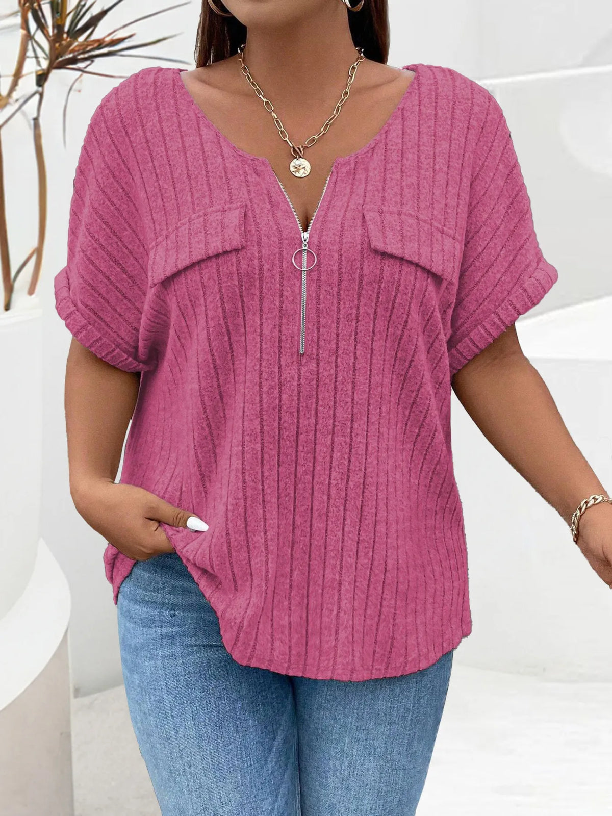 Plus Size Ribbed Half Zip Relaxed Fit T-Shirt