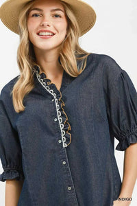 Umgee Chambray Scalloped Trim Button Front Blouse 100100735061175 57 Affordable Fashion Under $100 Jerry's Apparel 