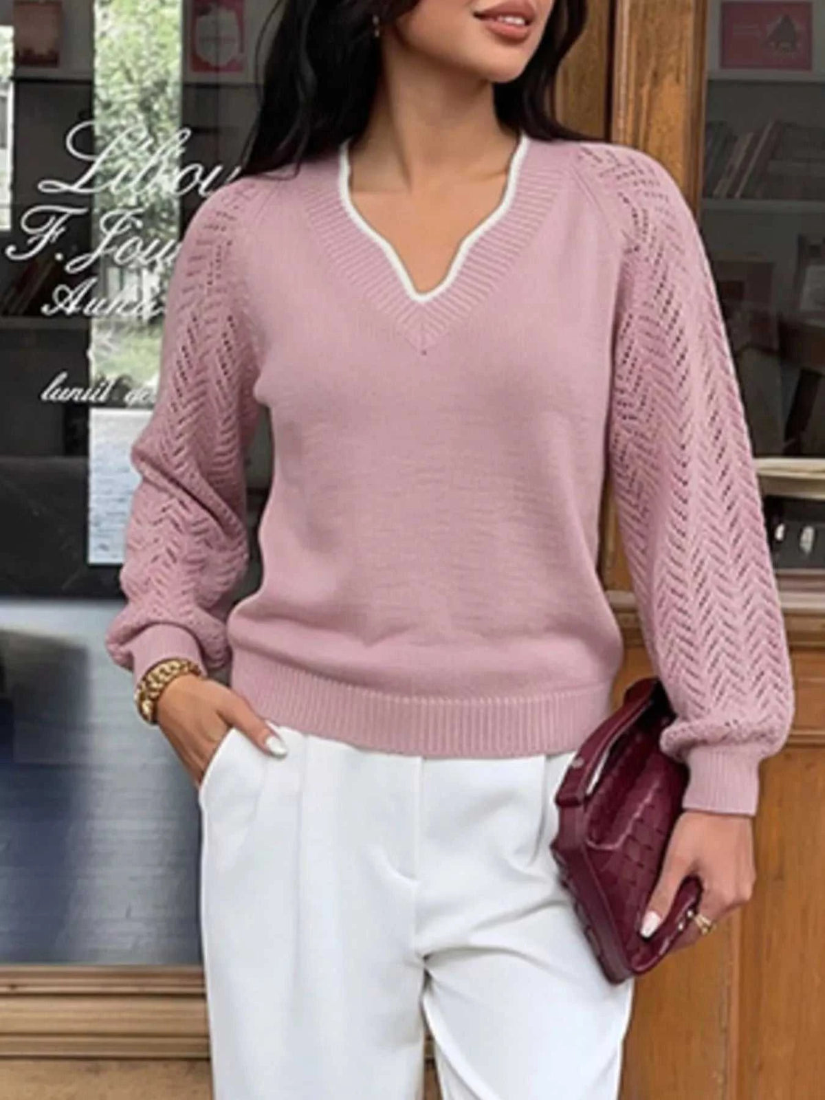 V-Neck Openwork Long Sleeve Sweater 100100123464940 41 Affordable Fashion Under $100 Jerry's Apparel 