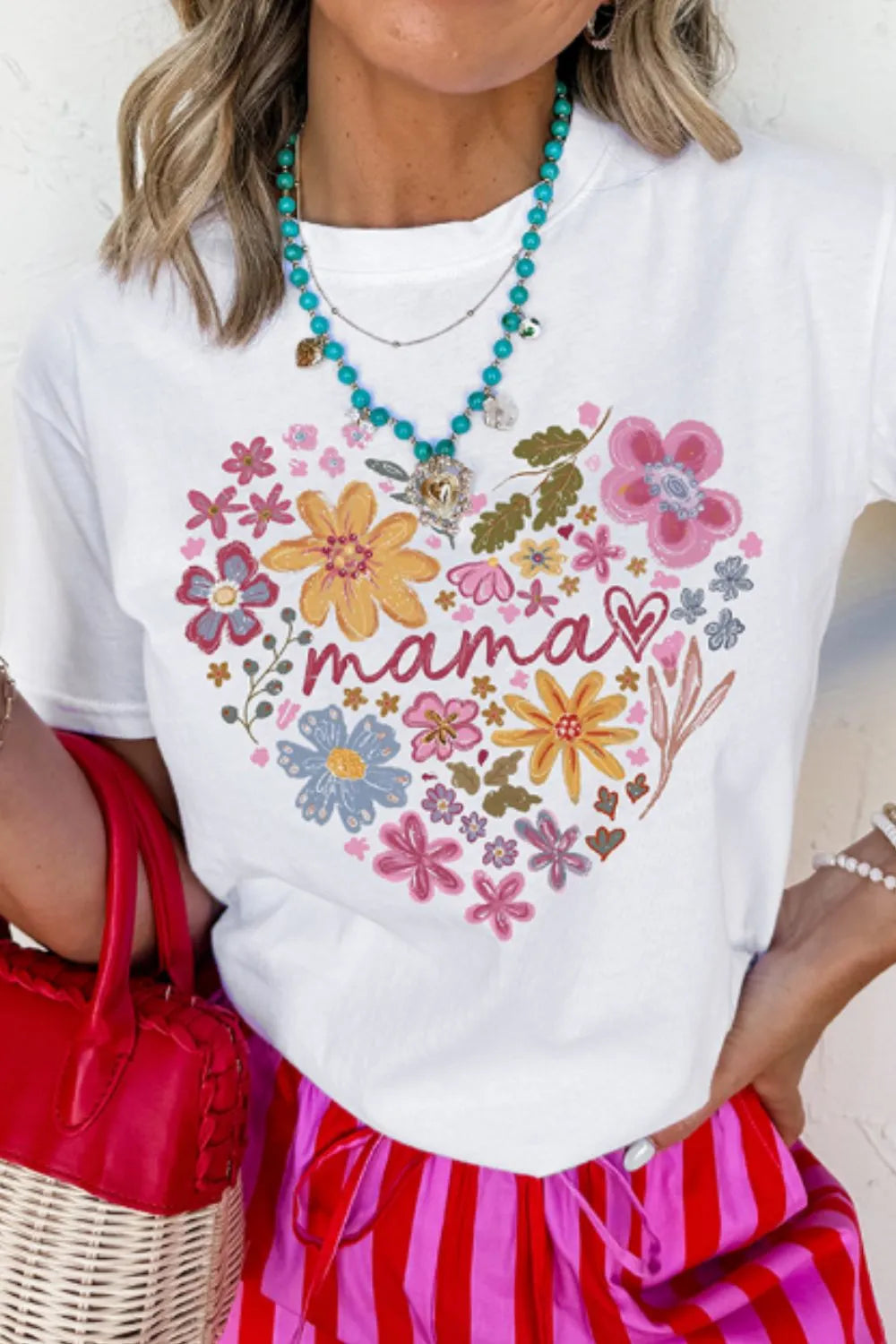 MAMA Flower Heart Cotton Blend Graphic Tee