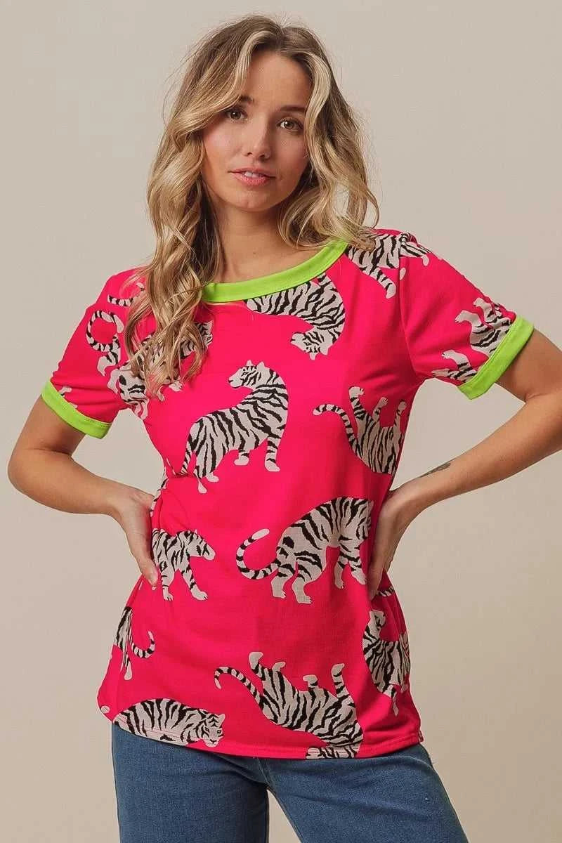 BiBi Big Tiger Print Jersey Contrast Ringer Top 100100215151725 27 Affordable Fashion Under $100 Jerry's Apparel 