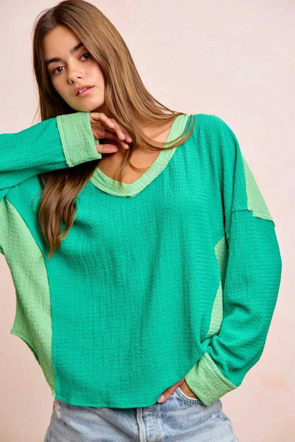 BiBi Textured Jersey Color Block Top With Cut Edge 100100024741269 41 Affordable Fashion Under $100 Jerry's Apparel 