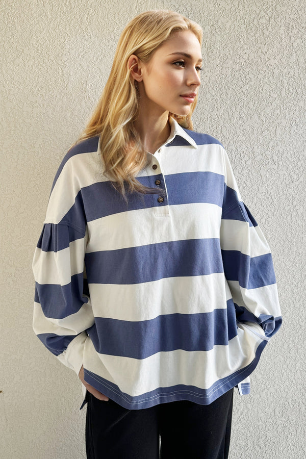 Oh Pima Cotton Wash Wide Striped Collared Neck Long Sleeve Top