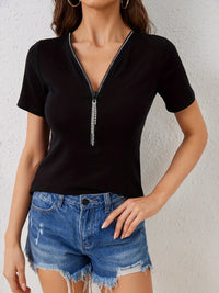 Rhinestone Zipper Short Sleeve T-shirt