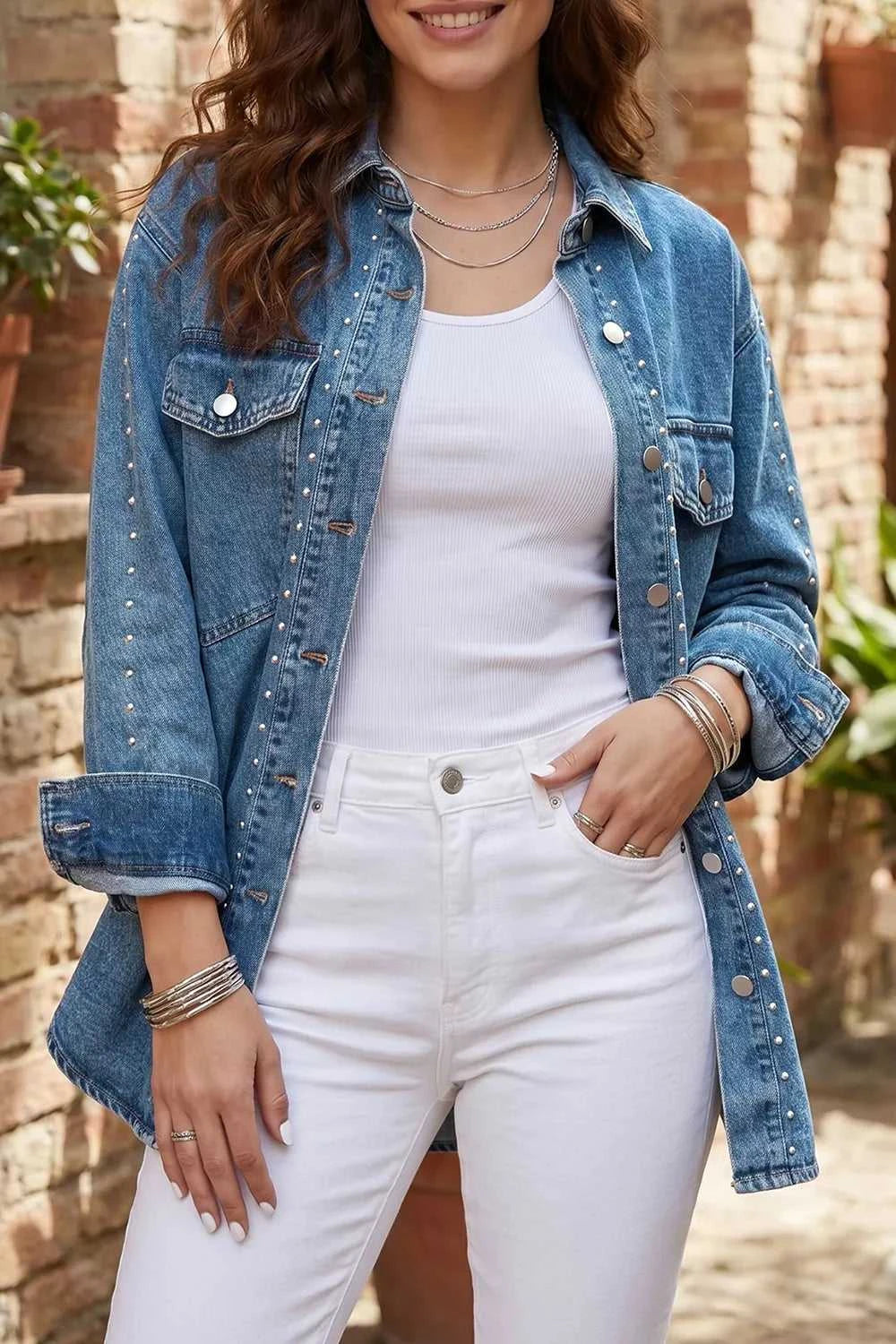 Rivet Embellished Western Style Regular Fit Long Sleeve Denim Jacket 101003389898680 92 Affordable Fashion Under $100 Jerry's Apparel 