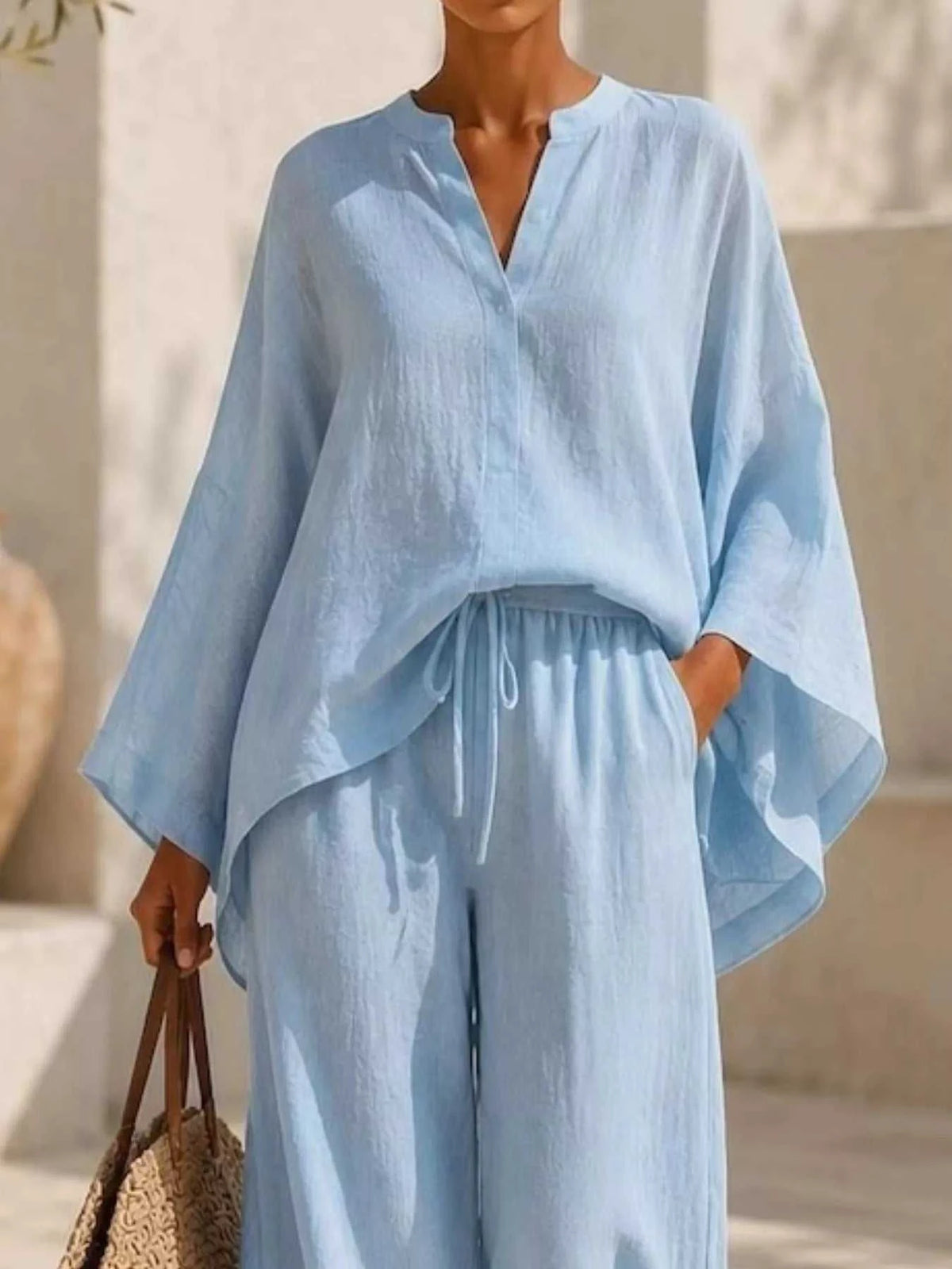 Full Size Notched Long Sleeve Top and Wide-Leg Pants Set Plus Size 100100051091822 45 Affordable Fashion Under $100 Jerry's Apparel 