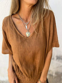 Full Size Smocked Hem V-Neck Relaxed Fit T-Shirt Plus Size