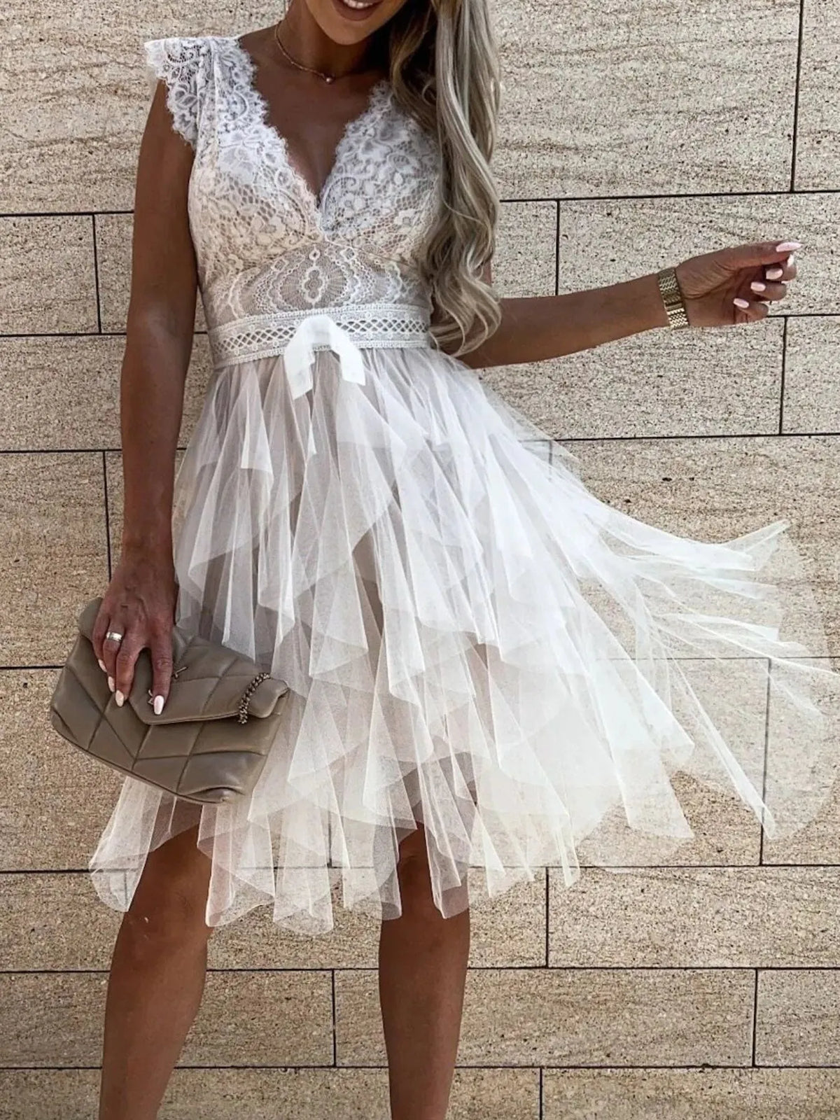 Lace V-Neck Ruffle Dress