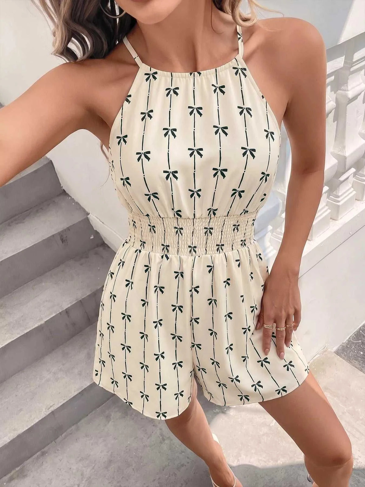 Bow Print Halter Neck Smocked Romper 100100154813524 28 Women's Romper Affordable Fashion Under $100 Jerry's Apparel 