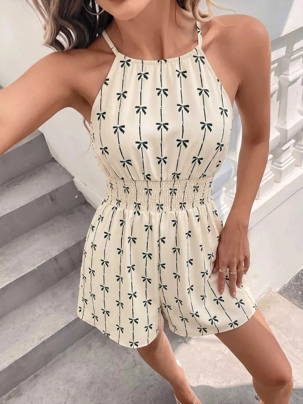 Bow Print Halter Neck Smocked Romper 100100154813524 28 Women's Romper Affordable Fashion Under $100 Jerry's Apparel 